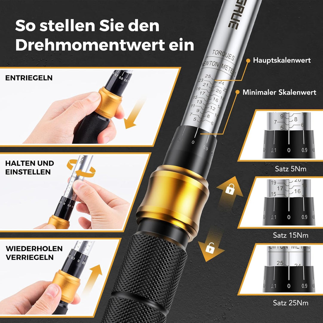VIGRUE Drehmomentschlüssel 1/4", Drehmomentschlüssel Fahrrad Set 5–25 Nm ±4% Genauigkeit mit Verläng