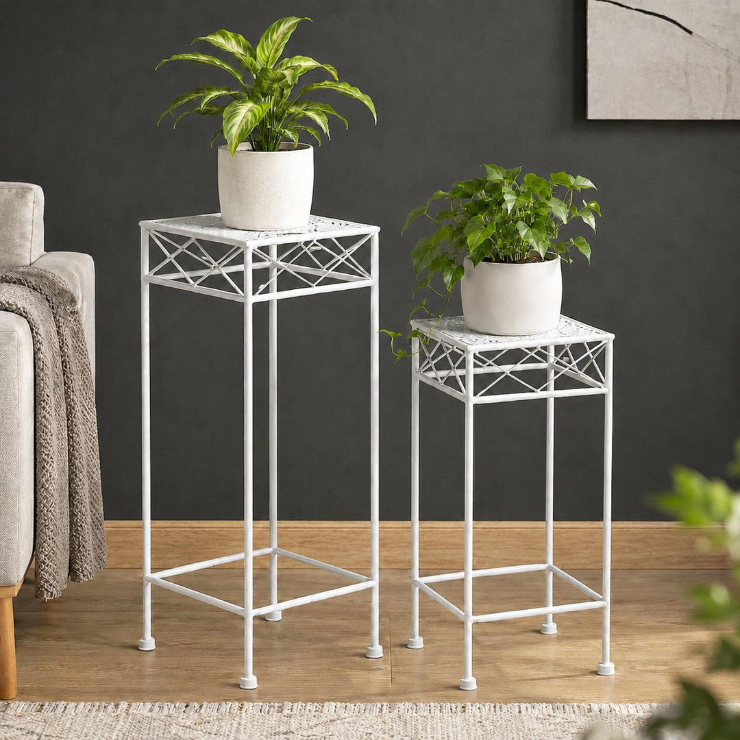 DanDiBo Blumenhocker Weiss Metall Eckig Blumenständer 96314 2er Set Beistelltisch Blumensäule Modern