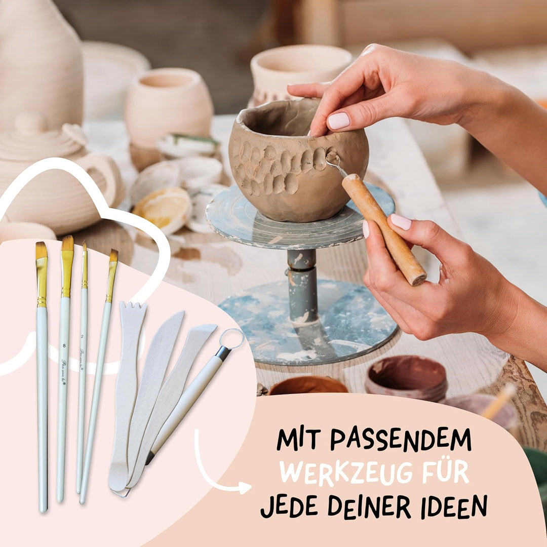 Grüntal Ton Töpferset mit lufttrocknendem Ton - Töpferset für Zuhause mit Modellierwerkzeug, Acrylfa