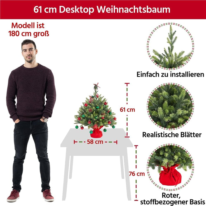 Yaheetech 61cm Mini künstlicher Weihnachtsbaum mit 62 Spitzen &amp; Zementbasis, Mini Tischplatte Tannen