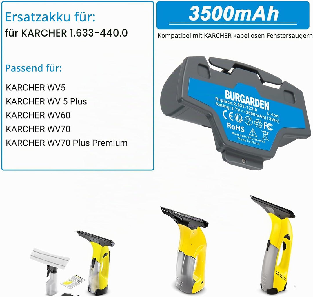3.7V 3500mAh Li-Ion Akku für Kärcher Fenstersauger Akku WV5 WV 5 Plus WV5 WV60 WV70 WV70 Plus Premiu