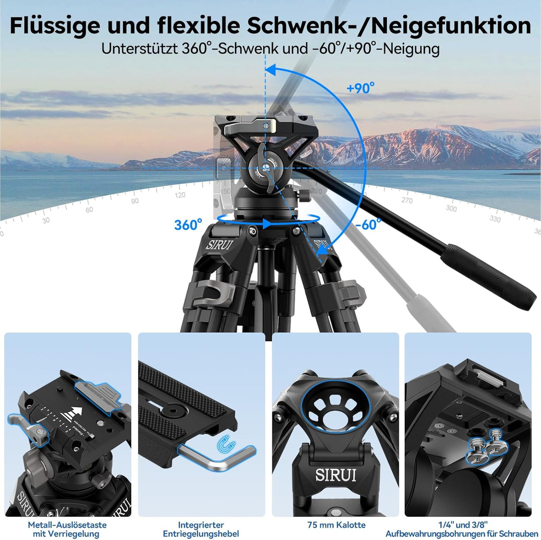 SIRUI AVT-12 Carbon Profi-Videostativ 185cm mit Flüssigkopf, Schnellwechselplatte, 15kg Tragkraft un