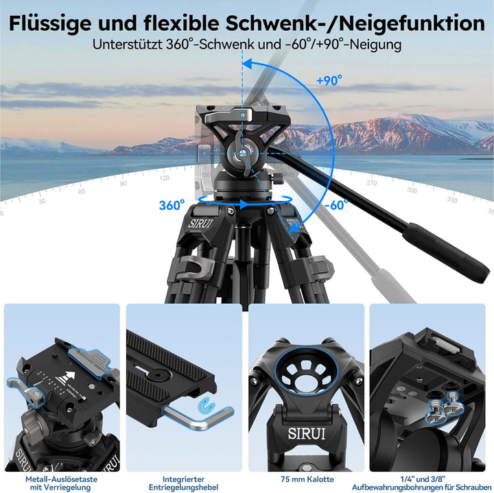 SIRUI AVT-12 Carbon Profi-Videostativ 185cm mit Flüssigkopf, Schnellwechselplatte, 15kg Tragkraft un