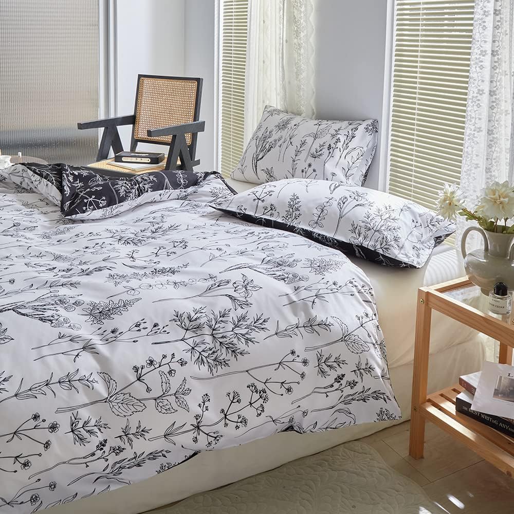 Damier Bettwäsche 135x200 Weiss Schwarz Blumen Blätter Motiv Wende Bettwäsche Weich Kuschelig Bettbe
