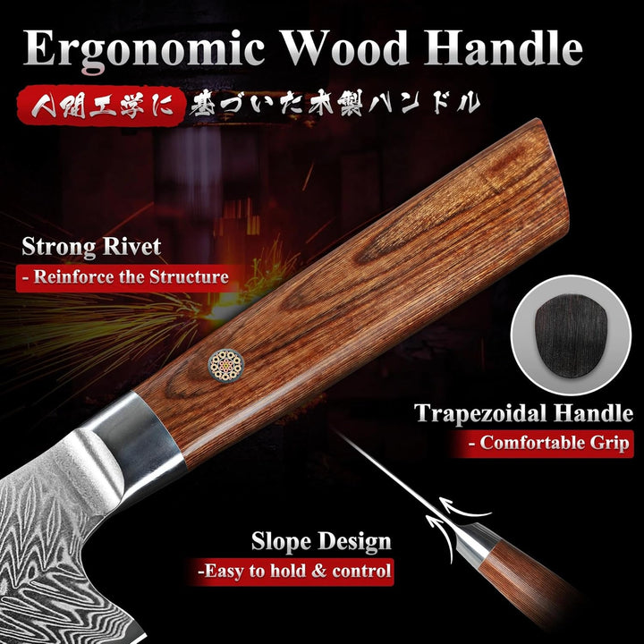 Dragon Creek Chefmesser 22cm, Damaststahl, Multifunktionales Küchenmesser mit Ergonomischem Holzgrif