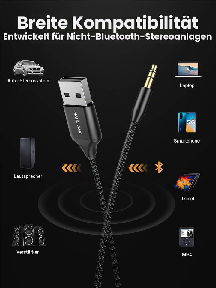 MaedHawk Bluetooth 5.3 Empfänger Auto mit Mikrofon USB Drahtloser Bluetooth Aux Adapter BT Audio Car