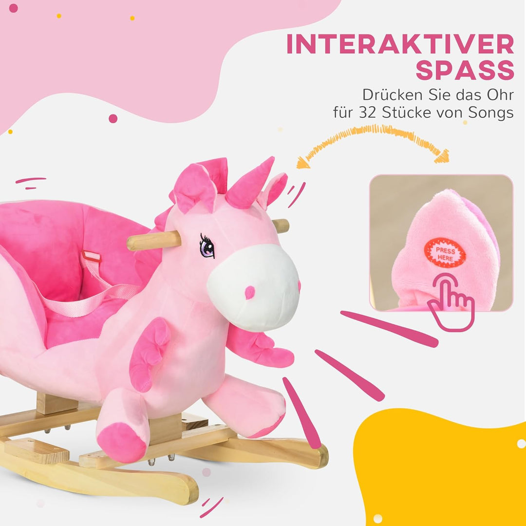 HOMCOM Schaukeltier Einhorn, Kinderschaukelstuhl mit Musik, Beckengurt, Fussstütze, Baby Schaukelstu