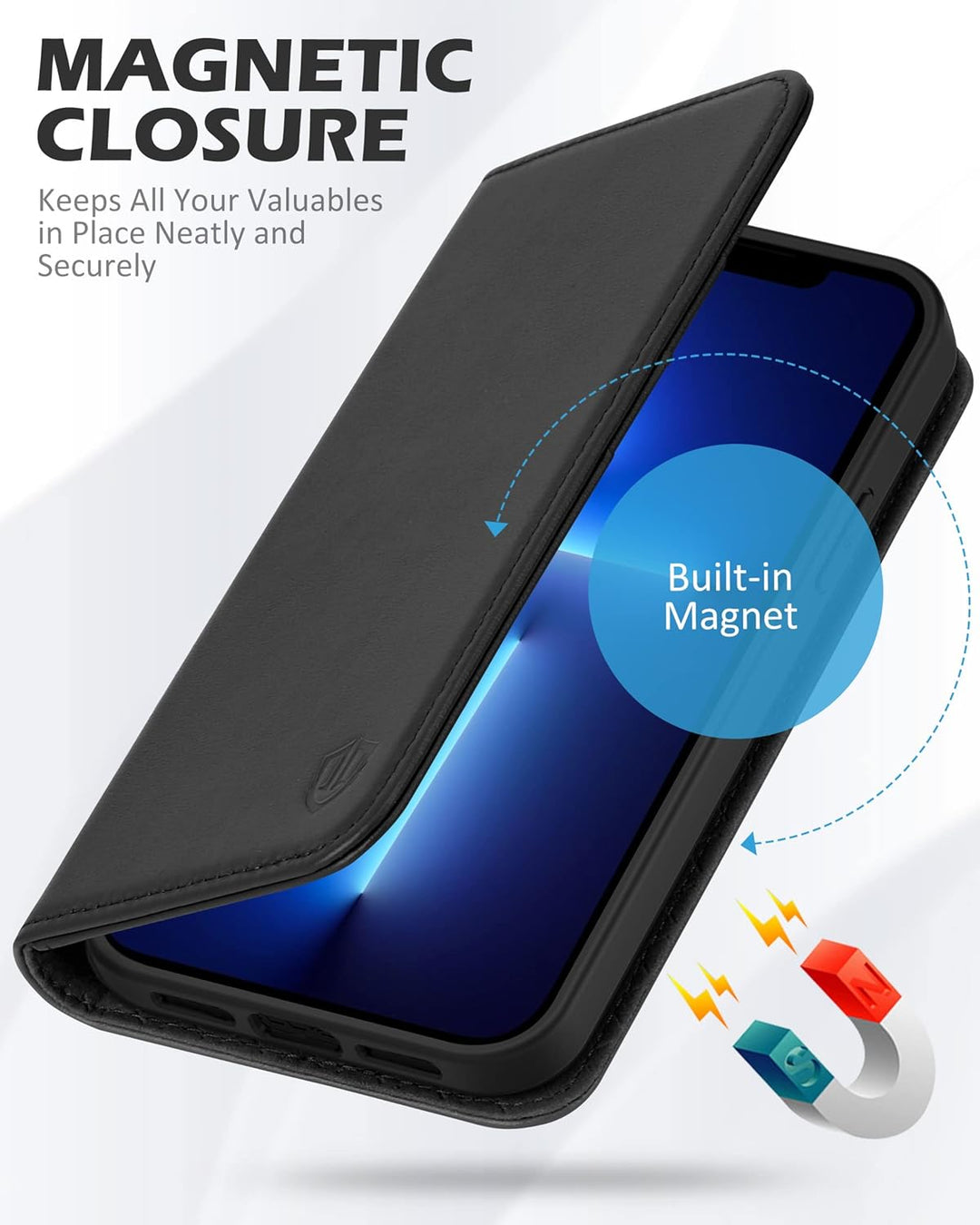 SHIELDON Hülle für iPhone 13 Pro, Handyhülle Schutzhülle [Echtleder] [Kartenfach] [Magnet] [Standfun