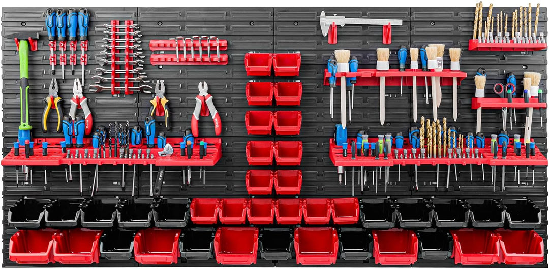 Lagersystem Werkstattregal | 156 x 78 cm | 39 stck. Box | Wandregal mit Werkzeughalterungen und Stap