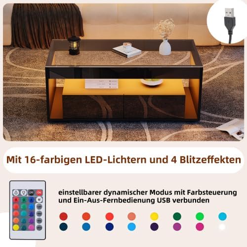 Merax LED Couchtisch – Moderner Wohnzimmertisch mit 16 Farben & 4 Modi, Hochglanz Design, Stauraum,