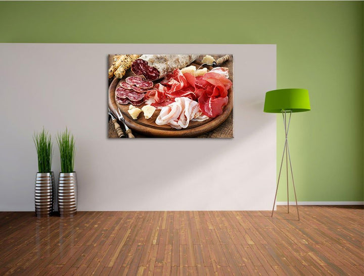 Brotzeit mit Wurst Format: 100x70 auf Leinwand, XXL riesige Bilder fertig gerahmt mit Keilrahmen, Ku