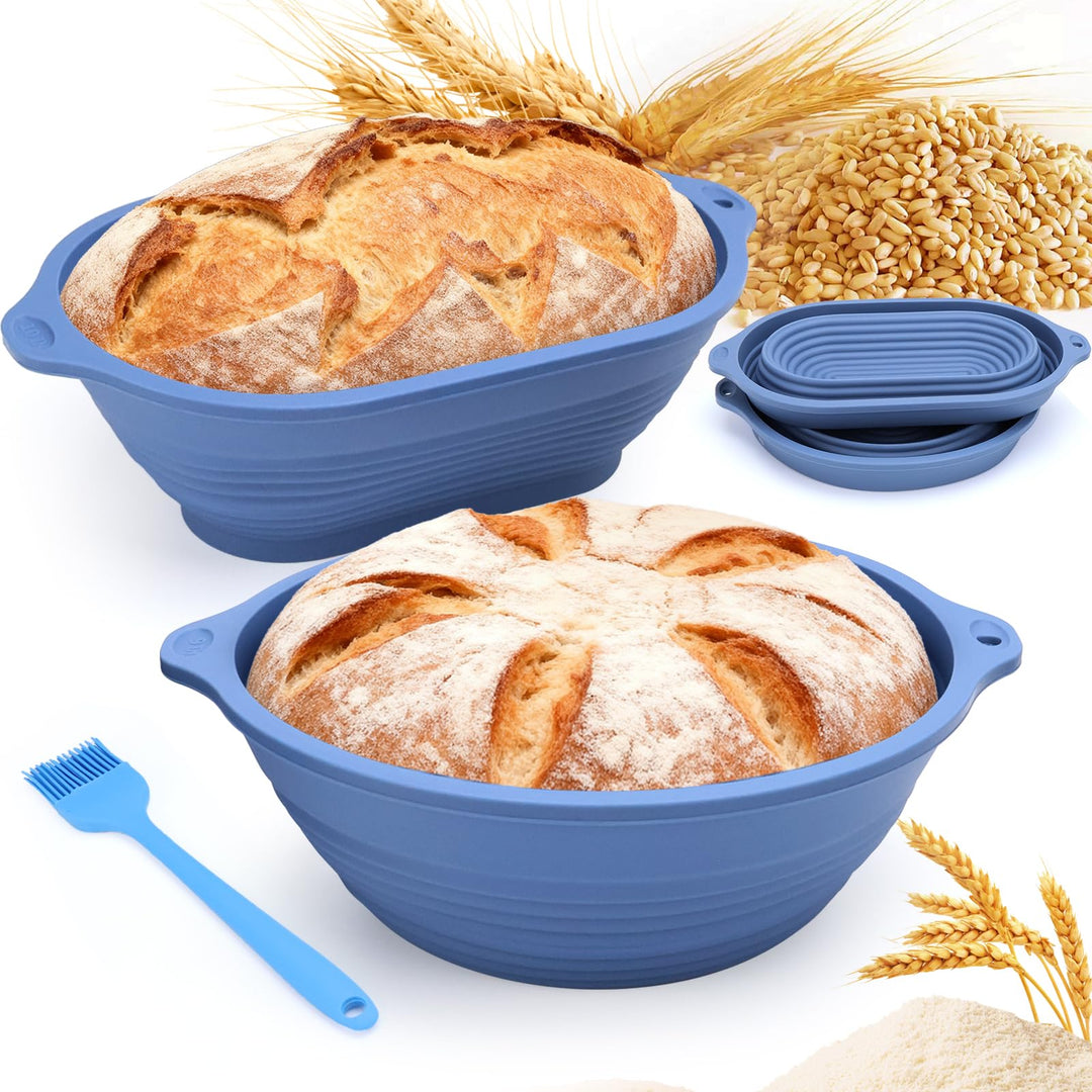 Brot Gärkorb Set: 29cm Gärkörbchen Oval + 23cm Gärkörbchen Rund + Ölpinsel, Faltbarer,mit Aufhängelo