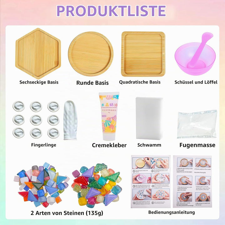 Mosaik Bastelset Kinder, 3 Stück Mosaik Untersetzer DIY Bastelset, Mosaiksteine Untersetzer Set, Ges