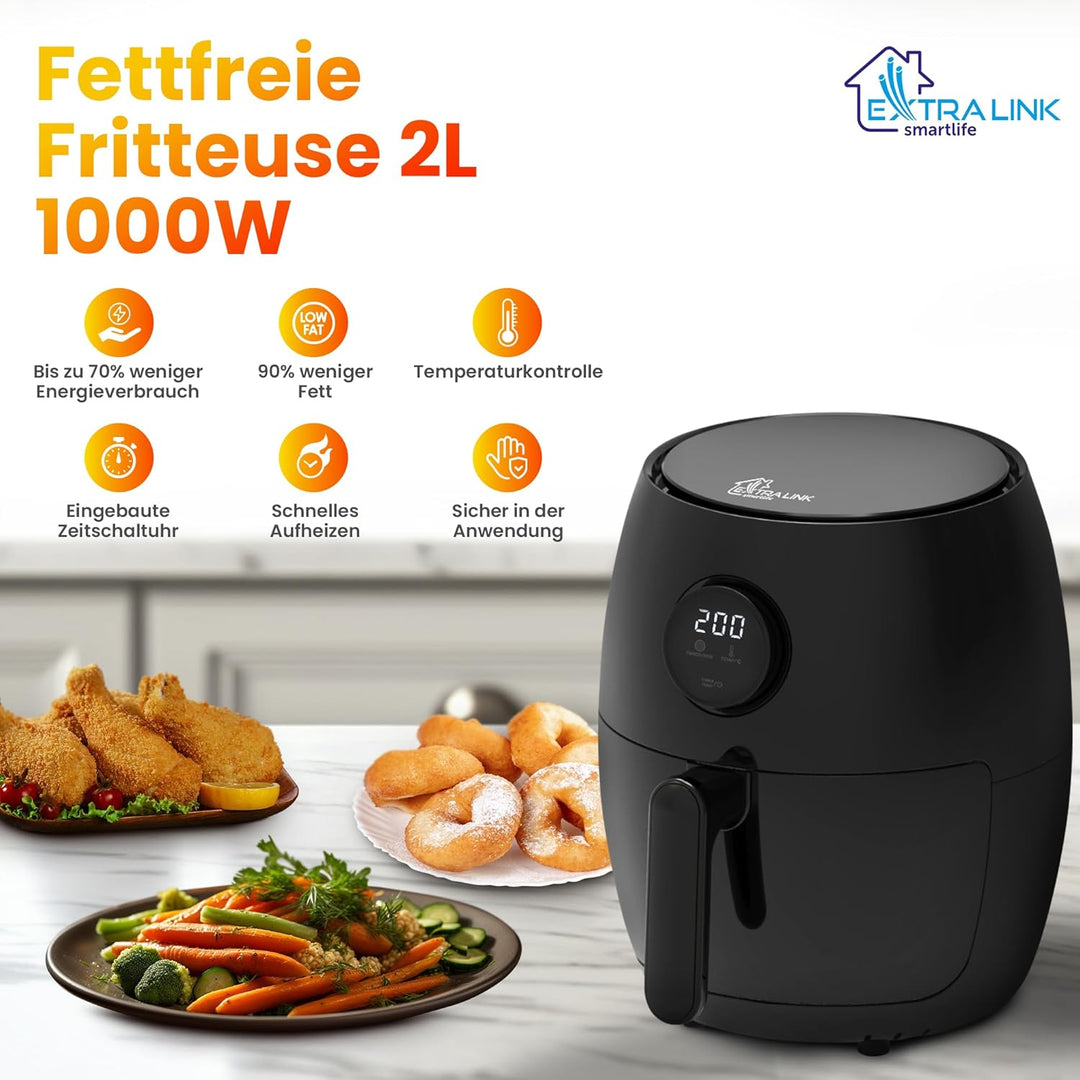 Extralink 1000W Airfryer 2L - Heissluftfritteuse mit Antihaftbeschichtung, Friteuse Heissluftfritteu