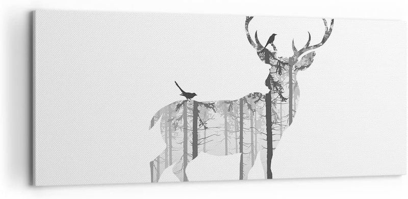 Panorama Bilder auf Leinwand 100x40cm Leinwandbild Hirsch Herbst Wald Illustration Gross Wanddeko Bi