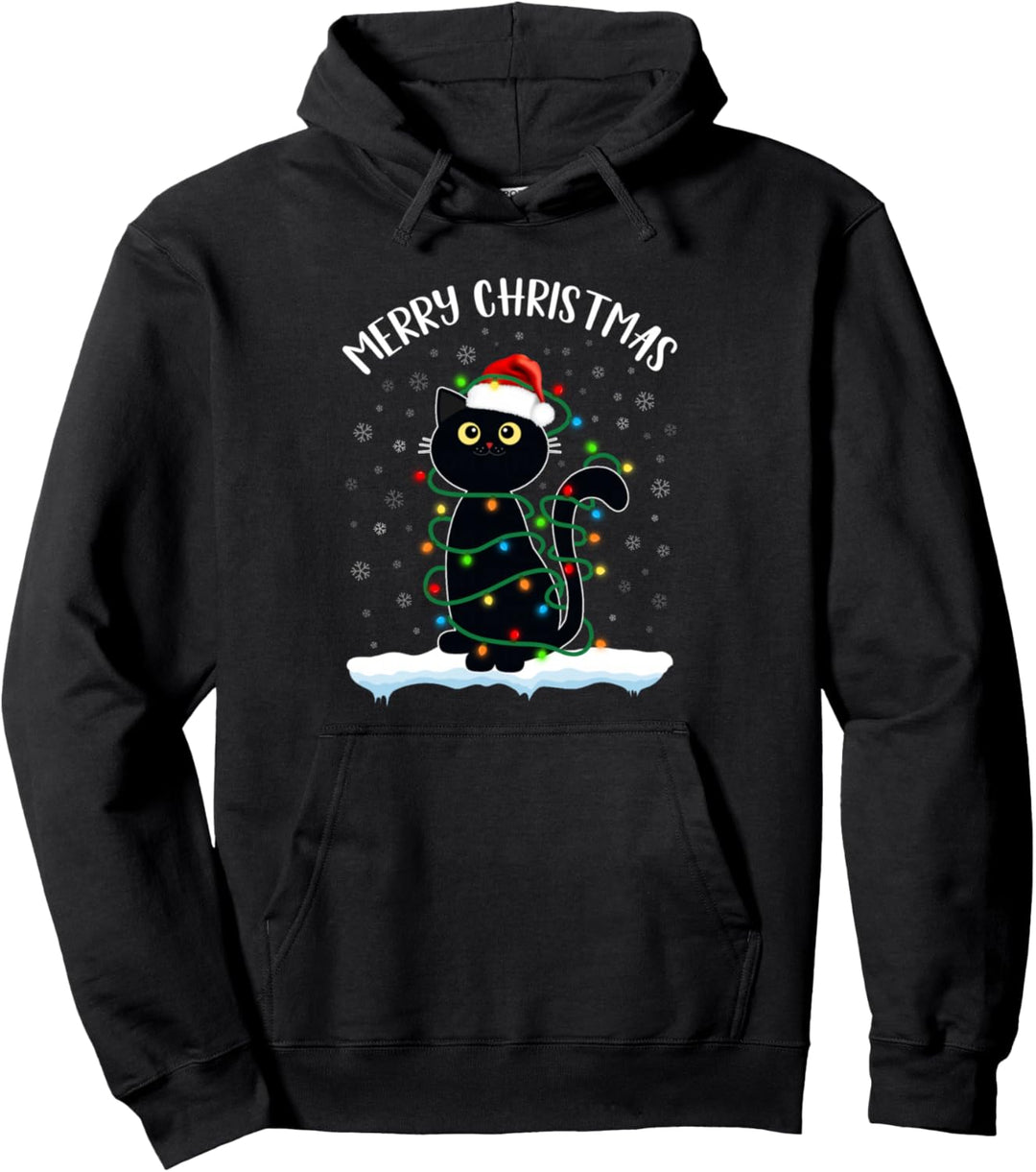 Schwarze Katze Weihnachtslicht Frohe Weihnachten Katze Männer Frauen Kinder Pullover Hoodie