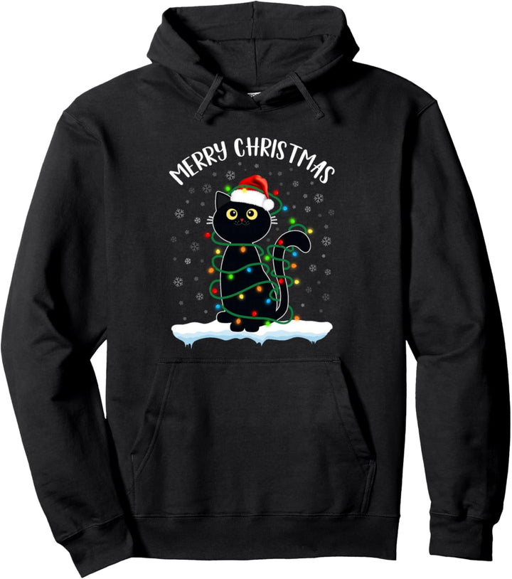 Schwarze Katze Weihnachtslicht Frohe Weihnachten Katze Männer Frauen Kinder Pullover Hoodie