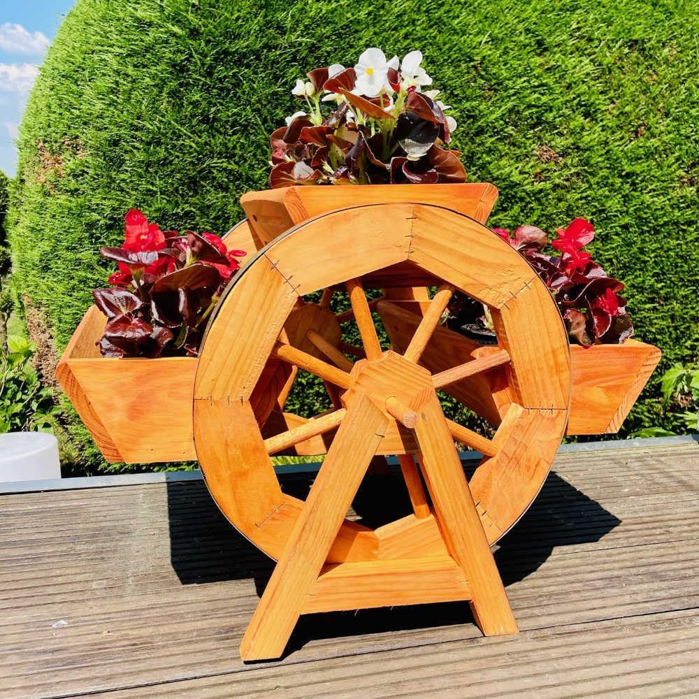DARLUX Garten/Balkon Holz handgefertigte Blumentreppe Blumenrad 3er Blumenbank Braun Holzrad