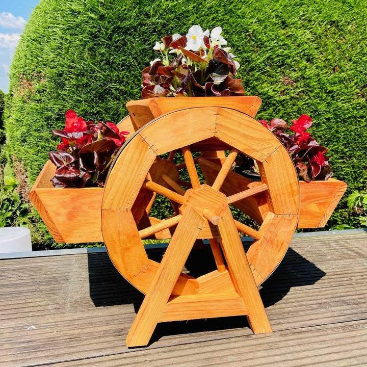 DARLUX Garten/Balkon Holz handgefertigte Blumentreppe Blumenrad 3er Blumenbank Braun Holzrad