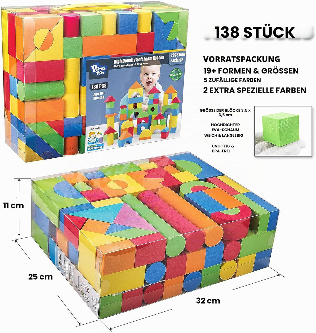 Pairez Toys Bausteine Schaumstoff, 138 Stück weiches Stapelbauklötze-Spielzeugset, frühes Lern-Konst