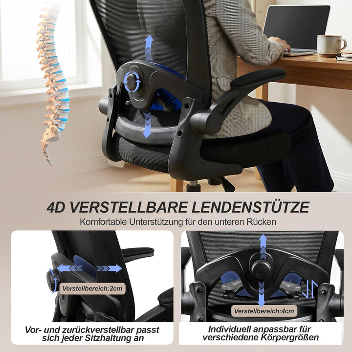 Bürostuhl Ergonomisch mit 4D Verstellbarer Lordosenstütze und Atmungsaktivem Mesh, Ergonomischer Sch