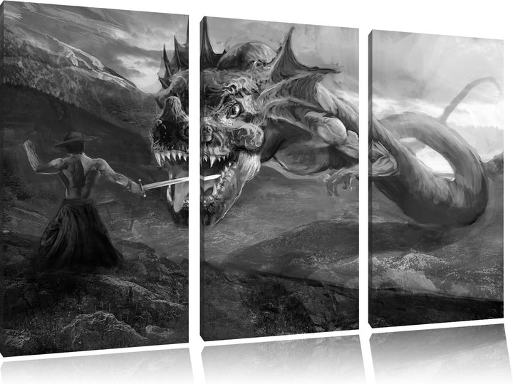 Pixxprint Drache kämpft gegen Krieger als Leinwandbild/Grösse: 3 Teilig (120x80 cm) cm/Wandbild/Kuns