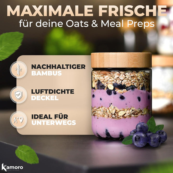 Overnight Oats Gläser 2er Set – Luftdichte Vorratsgläser mit Bambusdeckel 480 ml – Ideal für Overnig