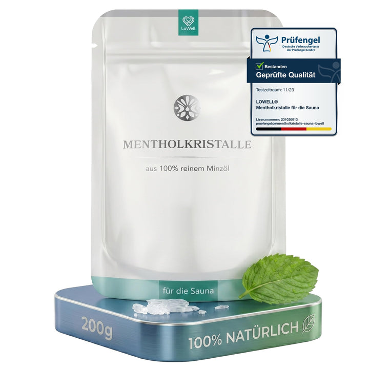 LoWell® 200g Mentholkristalle aus 100% reiner Minze - Ideal als Sauna Aufgussmittel für die Sauna in