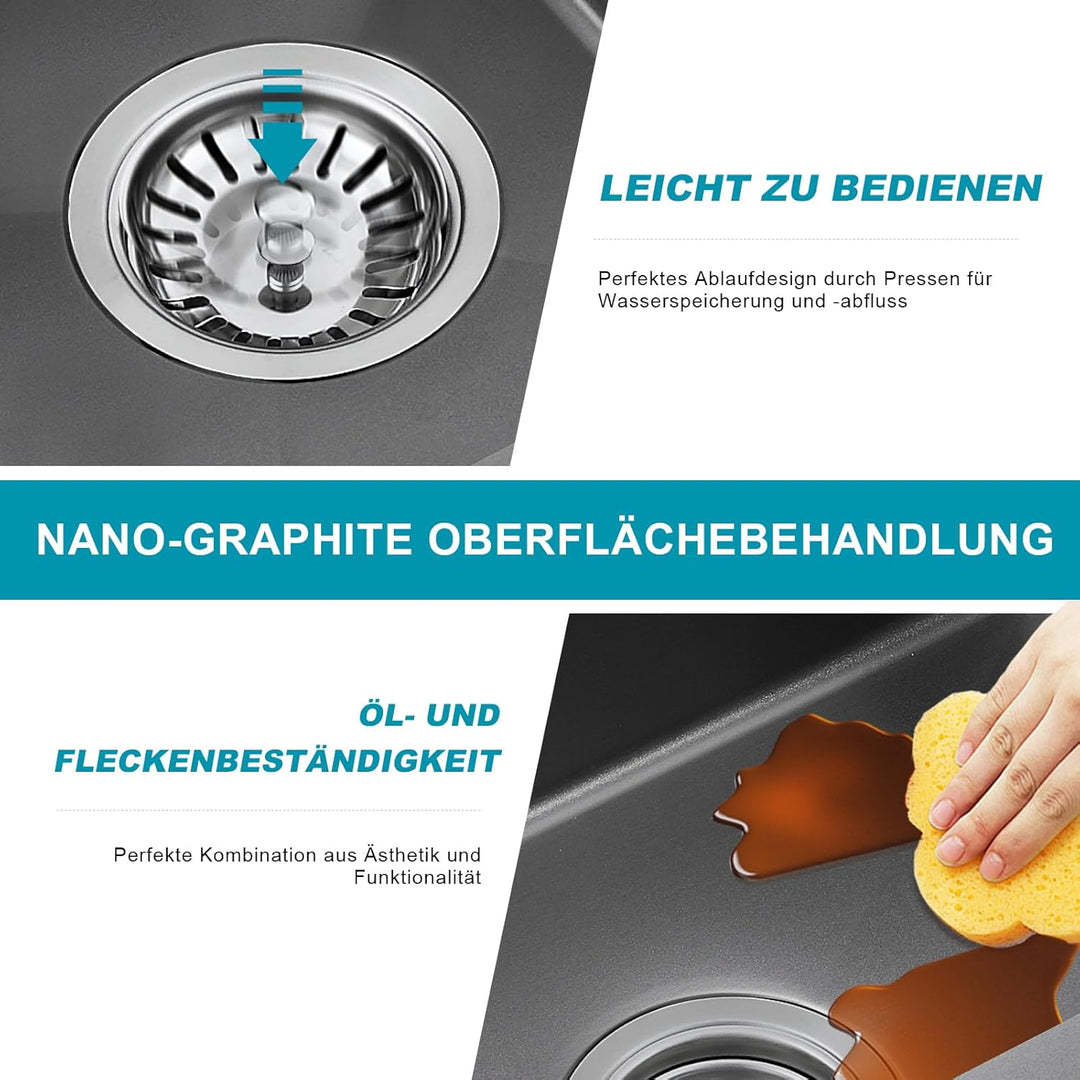 KEOKBON Spülbecken Küche Edelstahl Schwarz Anthrazit 60 x 50cm, Rechteckig Küchenspüle für 60cm brei