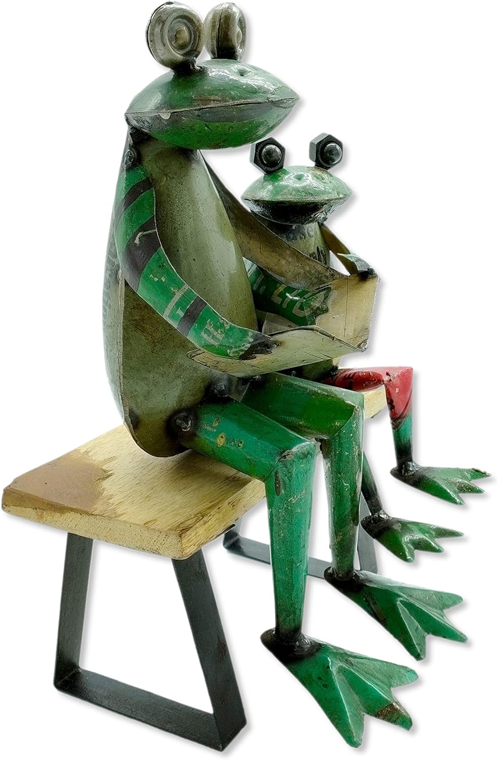 Metall Dekofigur Frösche auf Holz-Bank 21 x 31cm grün braun schwarz Garten-Figur Deko Frosch Skulptu