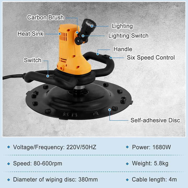 MXBAOHENG 1680 W Elektrische Wandglättmaschine mit 38 cm Schleifscheibe 6-Gang 80-600 U/min Tragbare