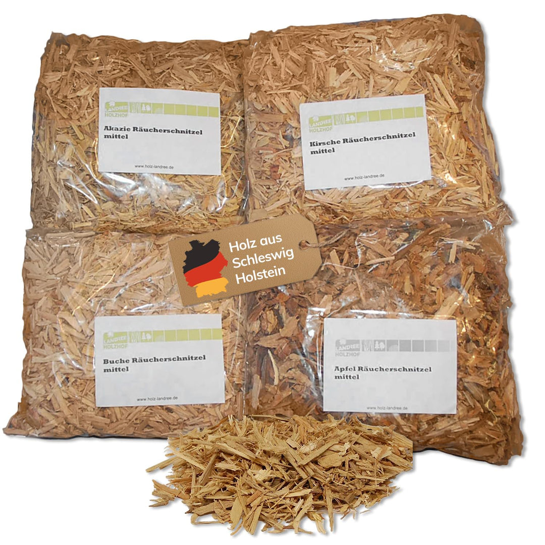Landree® Starter Set Räucherschnitzel Kirsche, Apfel, Akazie, Buche, 4X 2 Liter für Smoker und Grill