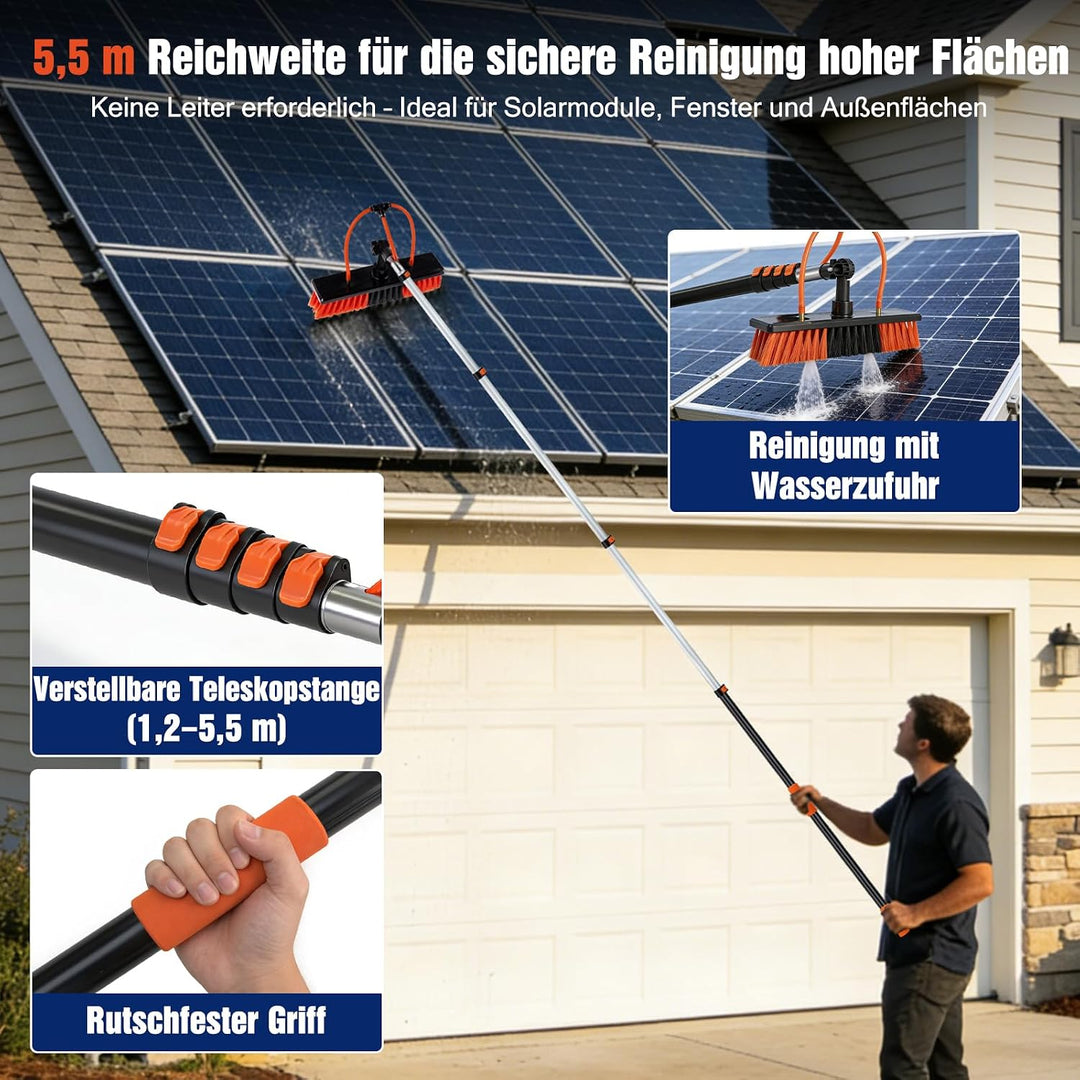 5,5 m Teleskop Waschbürste mit Wasseranschluss, Teleskopstange Reinigungsset mit 180° Bürstenkopf &amp;