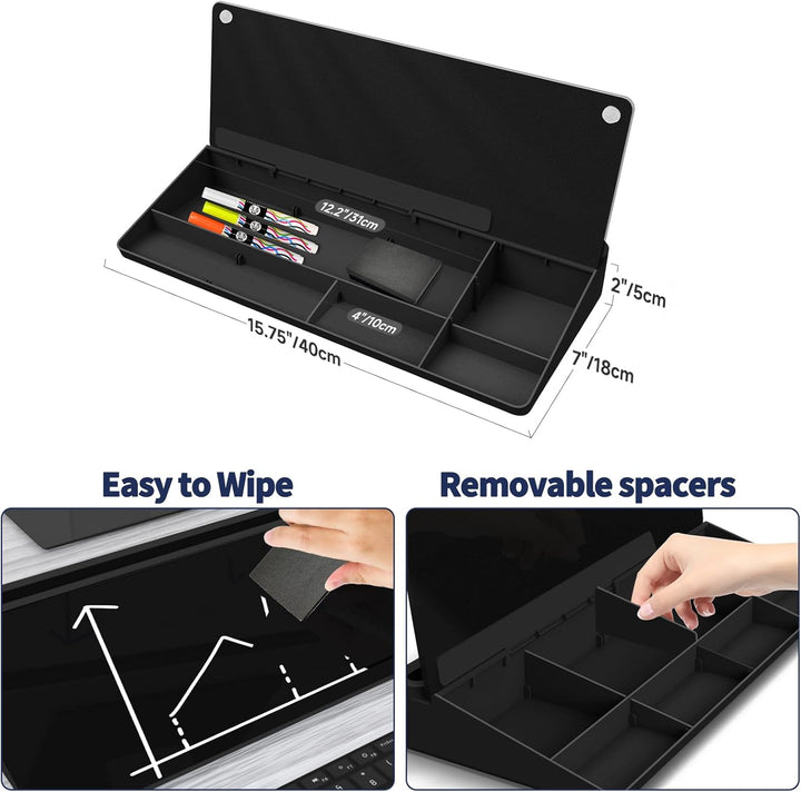 Schwarzes Desktop Whiteboard mit Stauraum, Glas Notiztafel für Büro Gadgets, abwischbare Mini Tafel