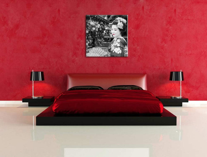 Pixxprint schöne Geisha mit Fächer als Leinwandbild/Grösse: 70x70 cm/Wandbild/Kunstdruck/fertig besp