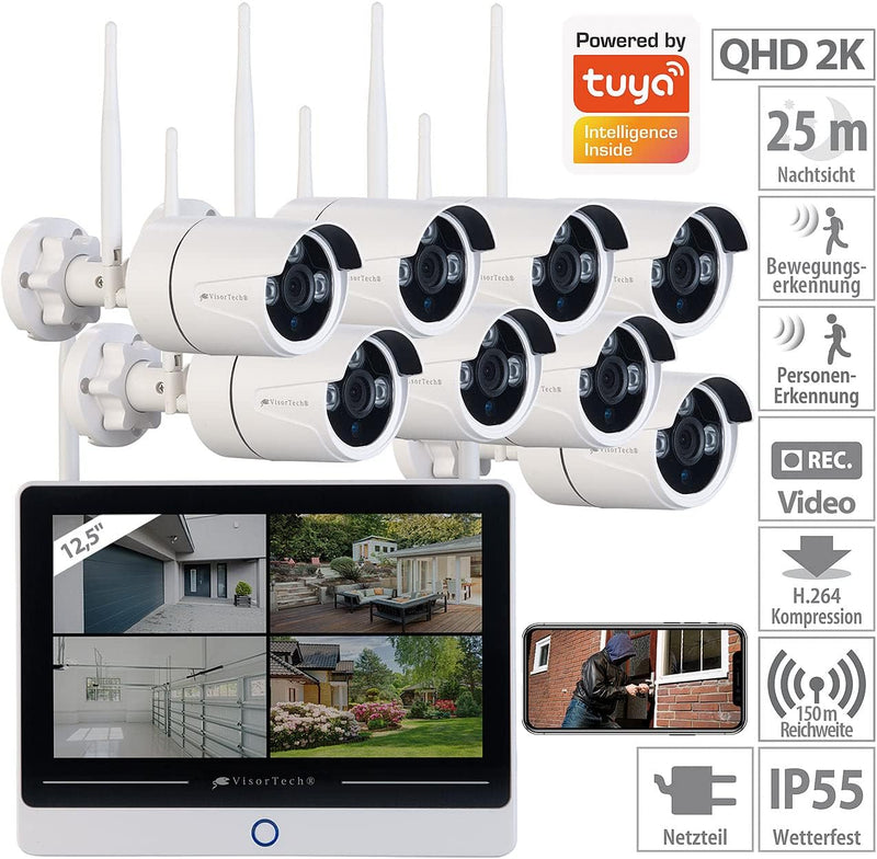 VisorTech Kamerasystem: Funk-Überwachungssystem mit Display-HDD-Rekorder und 8 IP-Kameras, App (Kame