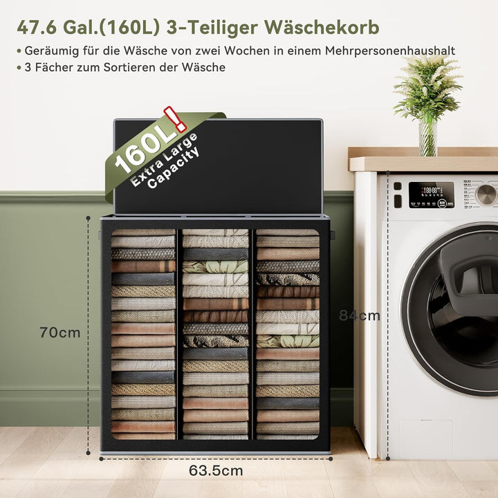 SOLEDI 160L Wäschekorb, Wäschesammler 3 fächer mit Deckel und 3 Wäschesack - Wäschesortierer Gross X