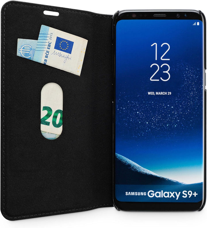 WIIUKA Echt Ledertasche -TRAVEL Nature- für Samsung Galaxy S9+ Plus, Schwarz -DEUTSCHES Leder- mit K