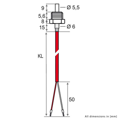 iOVEO 012EF02205 - PT1000 Einschraubfühler G1/8 Zoll Edelstahl mit 5 Meter Silikon-Leitung, 5 Meter