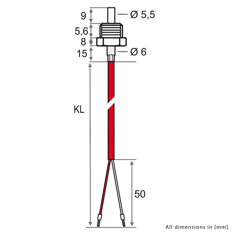 iOVEO 012EF02205 - PT1000 Einschraubfühler G1/8 Zoll Edelstahl mit 5 Meter Silikon-Leitung, 5 Meter
