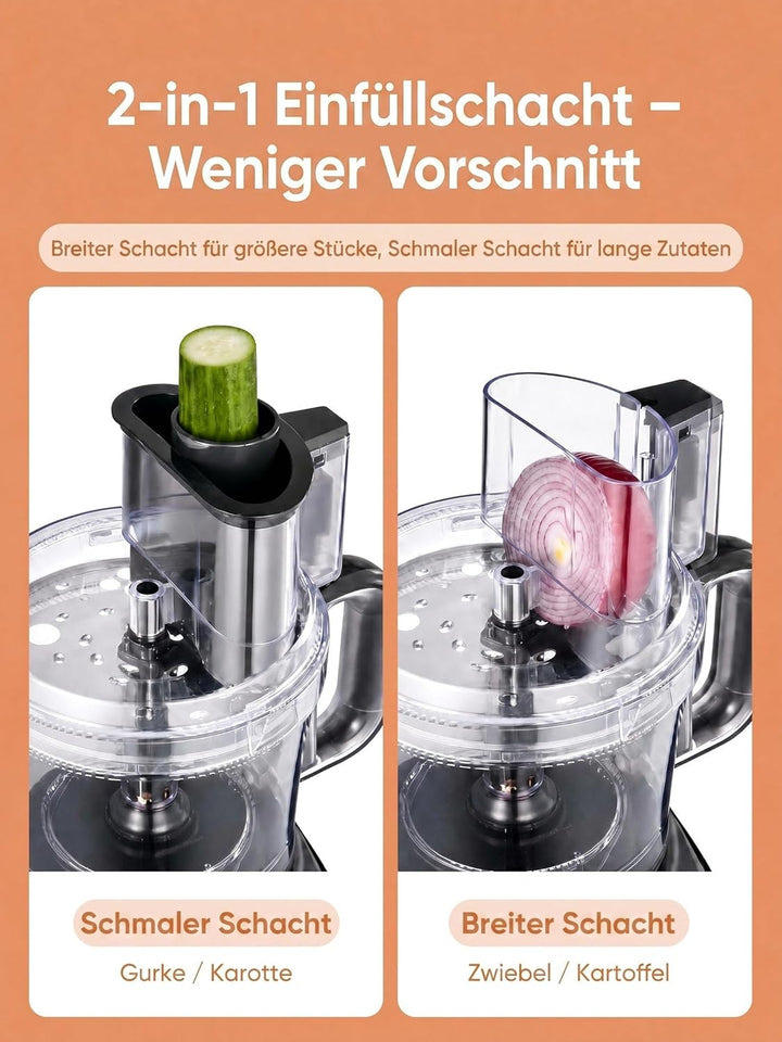 FOHERE Küchenmaschine 2,1 L, 2-in-1-Doppeleinfüllschacht | 2 Geschwindigkeiten + Puls, Edelstahlklin