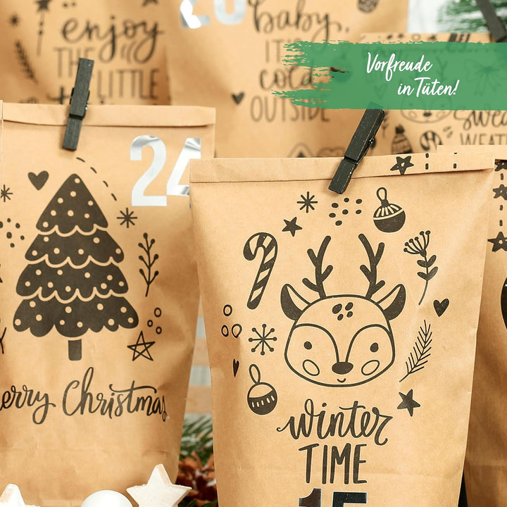 Papierdrachen Adventskalender 2025 zum Befüllen - 24 braune Geschenktüten mit Zahlenaufklebern - Kin