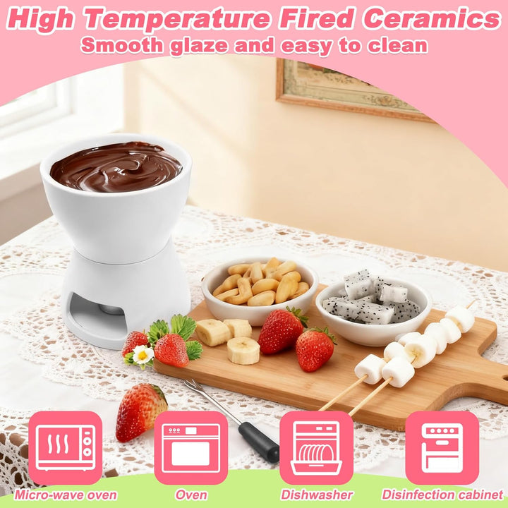 Keramik Schokofondue Tasse Set mit 4 Gabeln &amp; Teelichthalter, 300ml Schoko Fondue Tassen Butter Fond