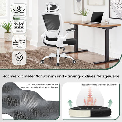 KERDOM Bürostuhl Schreibtischstuhl Ergonomisch, Chefsessel mit Verstellbarer Kopfstütze, Armlehnen,