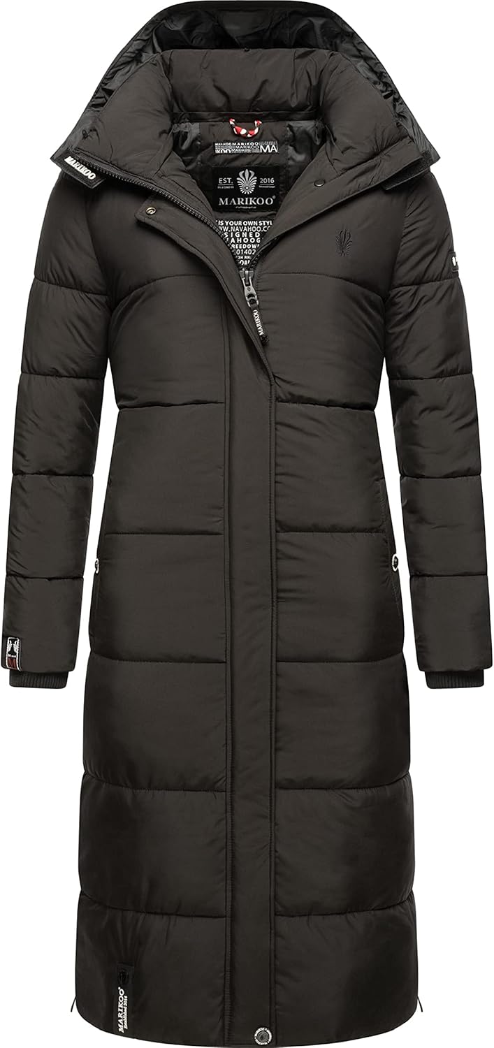 MARIKOO Damen Wintermantel Warmer Steppmantel lang mit Abnehmbarer Kapuze Reliziaa XS-3XL XXL Schwar