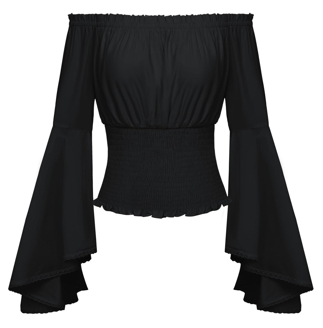 SCARLET DARKNESS Damen Renaissance Trachtenbluse Schulterfrei Gesmokte Mittelalter Shirt S Schwarz,