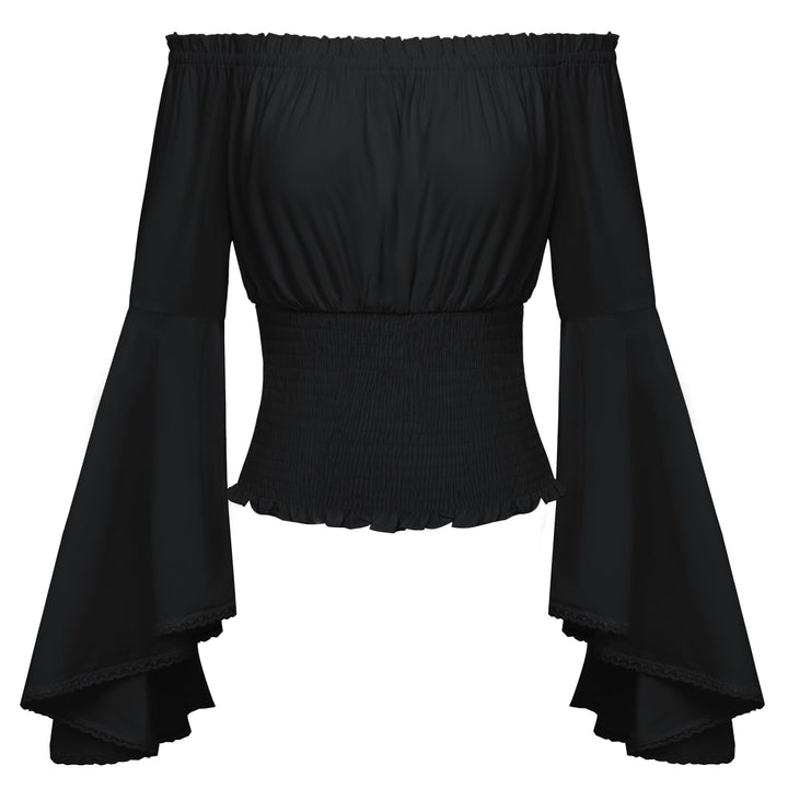 SCARLET DARKNESS Damen Renaissance Trachtenbluse Schulterfrei Gesmokte Mittelalter Shirt S Schwarz,