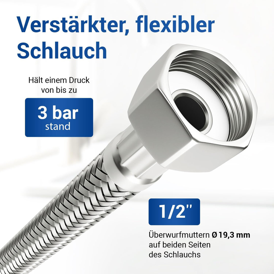 VIOKS Panzerschlauch 250 cm Flexschlauch 1/2" (19,3mm) ÜM x 1/2" ÜM Trinkwasserschlauch Flexibler Sc