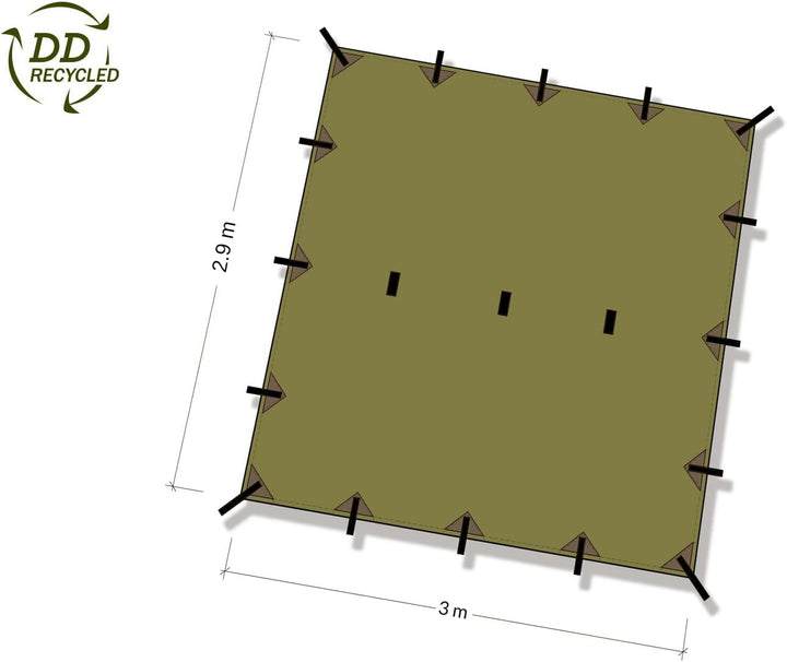 DD Tarp 3 x 2,9 Meter olivegrün Recycled - Zelt-Plane-Dach-Regenschutz aus recycelten Plastikflasche