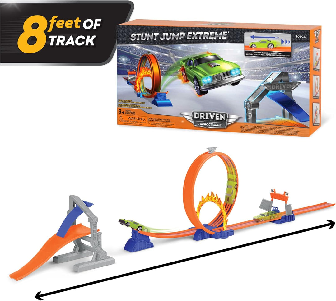 Driven Turbocharge Autorennbahn Stunt Jump Extreme – mit Rennauto, Looping, Feuerring, Bahnen, Rampe